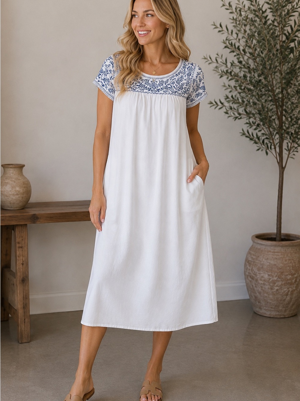 Emery Rose Shift Dress‎ Women L White Good Floral Boho Cottagecore Tunic Pockets
